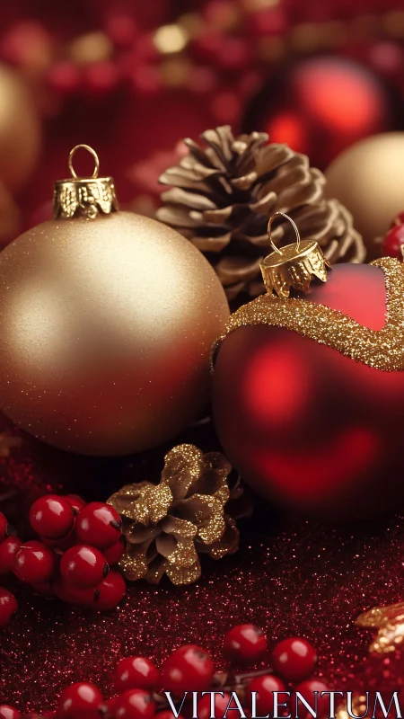 Golden ornaments and pinecones glow in festive red light.