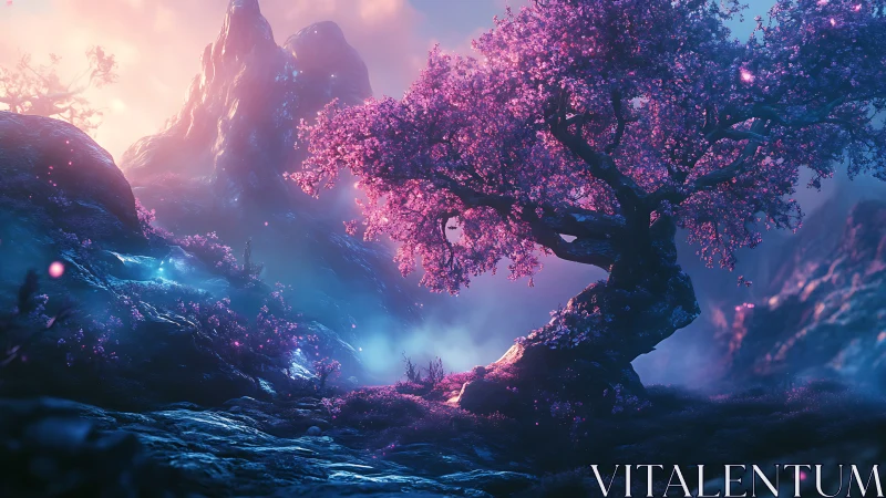 Twisted cherry tree under glowing fantasy mountain light.