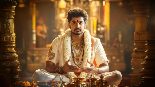 Temple gold hums softly as a solemn devotee leads ritual