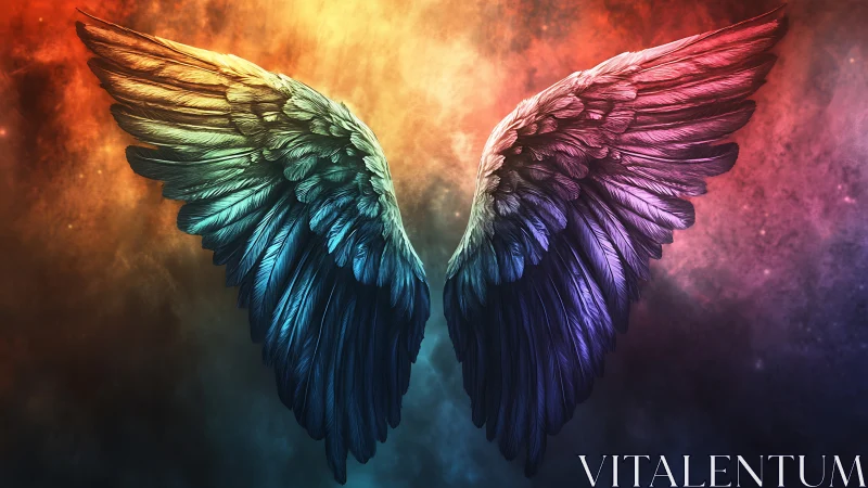 Symmetrical multicolored feathered wings on cosmic background.