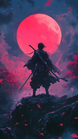 Lone moonlit ronin rises beneath a burning crimson sky.