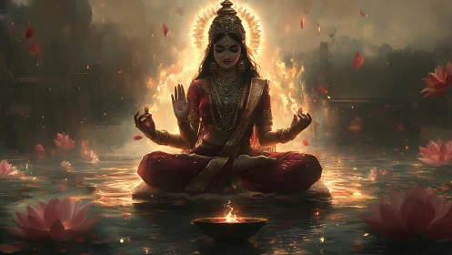 Divine female figure sits in lotus pose on reflective water surface