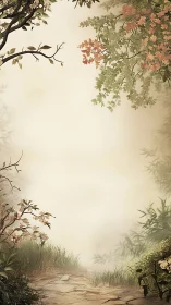 Misty garden path framed by flowering branches and foliage