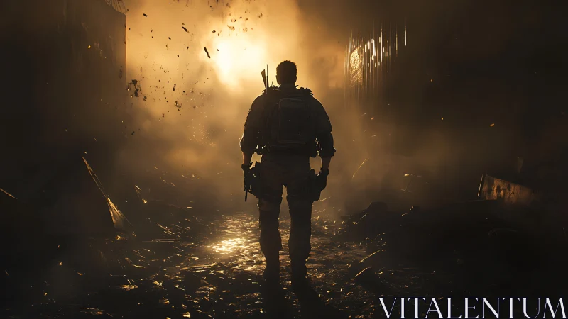 Lone soldier strides through a burning, smoke filled warzone