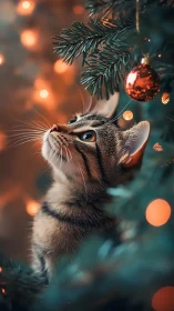Wide-eyed tabby studies one glittering Christmas bauble.