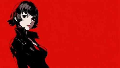 High-contrast anime heroine in black jacket on red field