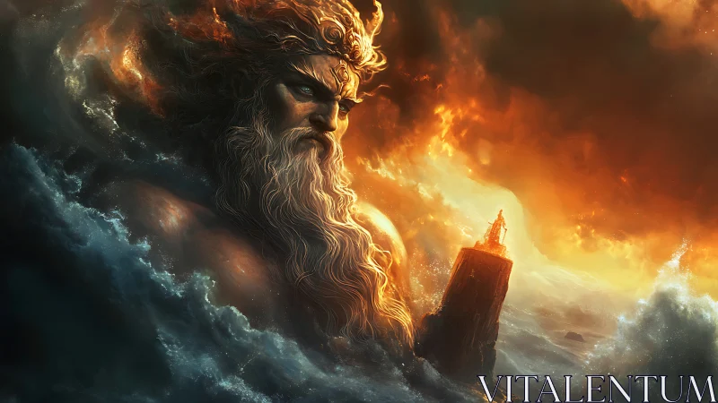 Sea god towers over stormy ocean and burning sky.