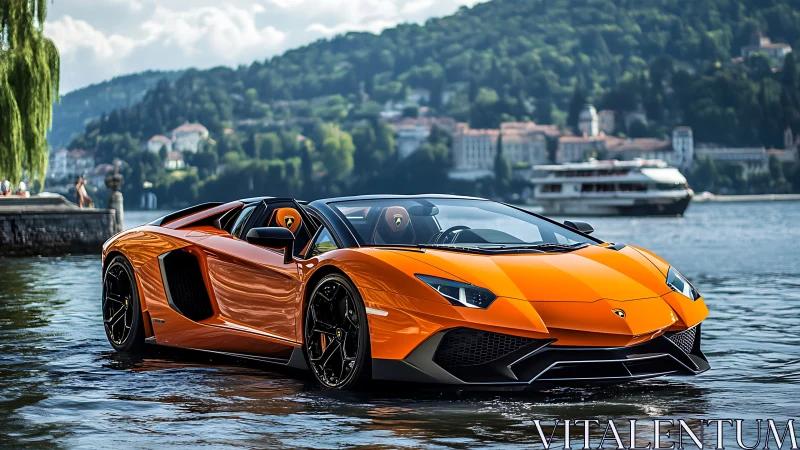Orange Lamborghini supercar glides through lakeside shallows at dusk