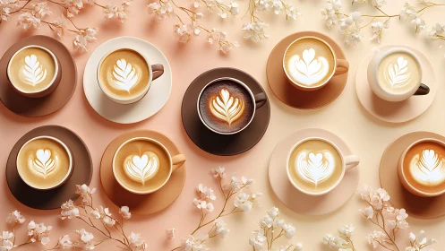 Assorted latte art cups arranged on pastel backgrounds.