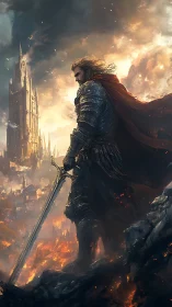 Armored knight overlooking burning citadel at dusk.