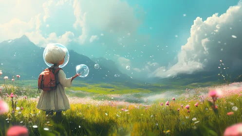 Child explorer walks bubble fields under vast sky.