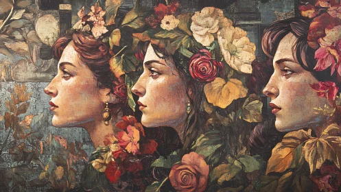Three Women in Profile with Floral Crowns, Vintage Oil Painting Style.