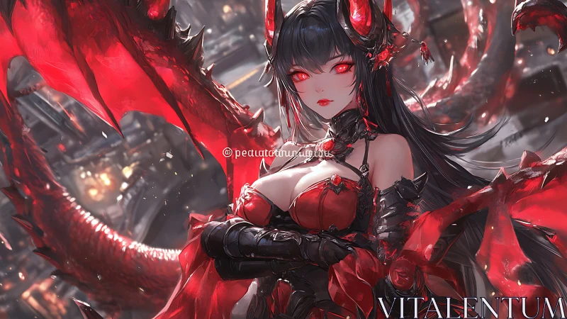 Demonic dragon queen glares through molten crimson storm