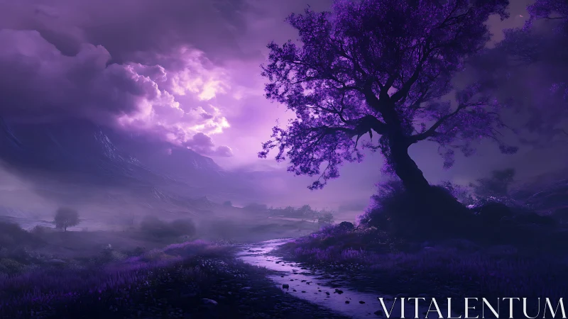 Purple twilight tree over misty river landscape.