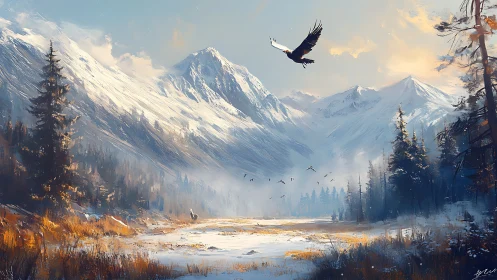 Eagle’s winter glide above a sunlit alpine hushland.