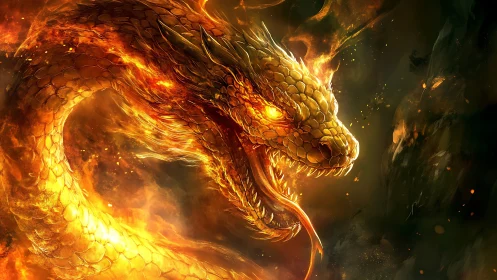 Incandescent draconic head coils through firelit negative space