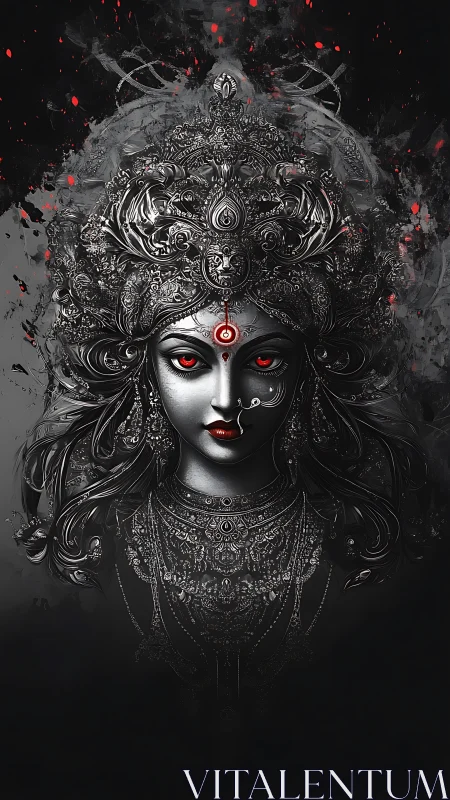 Divine dark goddess portrait with ornate silver crown.