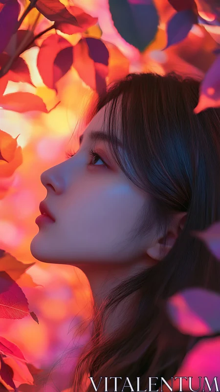 Dreamy profile gazes through glowing pink and orange leaves
