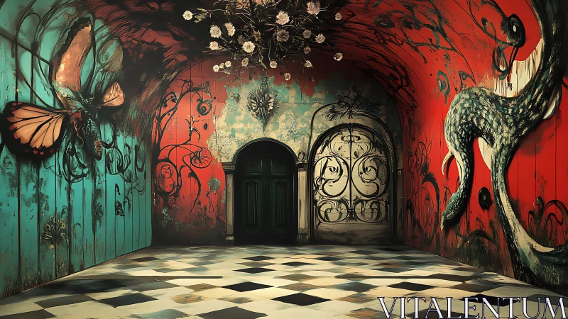 Interior corridor shows surreal murals and checkered flooring
