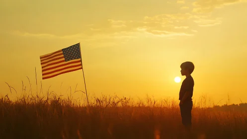 Boy in field facing American flag at warm sunset sky.