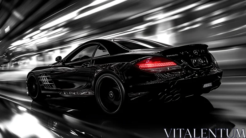 Black Mercedes coupe slices neon tunnel with motion blur.