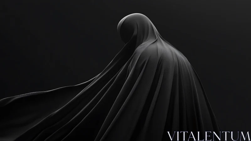 Shrouded silhouette in flowing black fabric quietly turning.