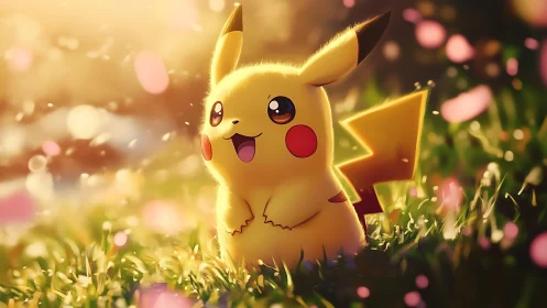 Pikachu sits in glowing spring grass under drifting petals