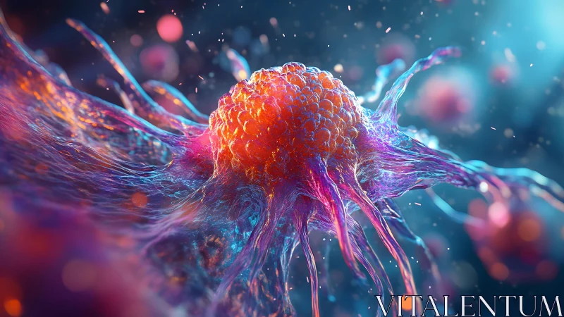 Detailed 3D rendering of a cancer cell in vivid neon colors.