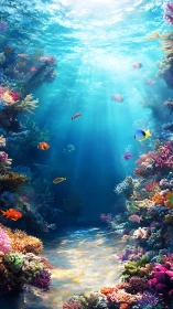 Submerged coral corridor with reef fish in filtered daylight.