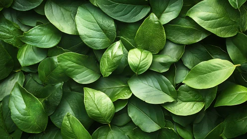 Lush green leaves overlap to create a vivid natural pattern.