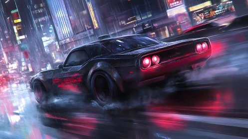 Muscle car drifting through neon lit rainy city streets.