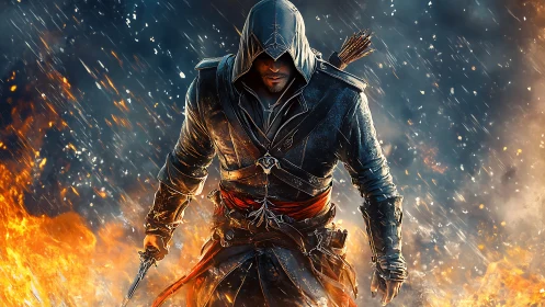 Digital painting of hooded rogue amid cinematic firestorm.