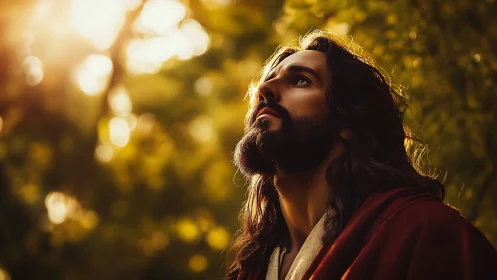 Photorealistic devout portrait in golden forest backlighting.