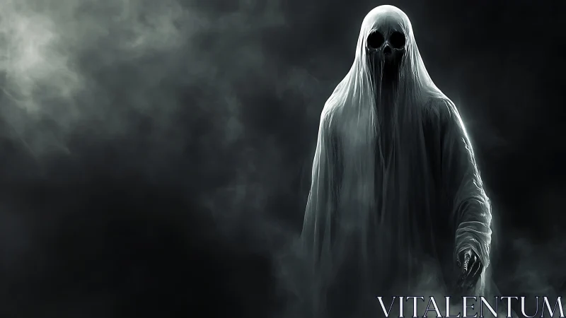 Ghostly shrouded figure emerging from dark swirling fog.