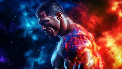 Cosmic warrior emerges between fire and icy starlight.