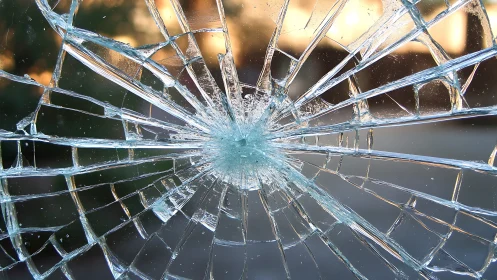 Radial fracture pattern in shattered glass pane captured close-up