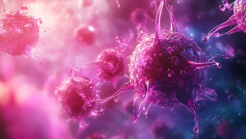 Microscopic viral particles rendered in luminous 3D bioluminescent detail