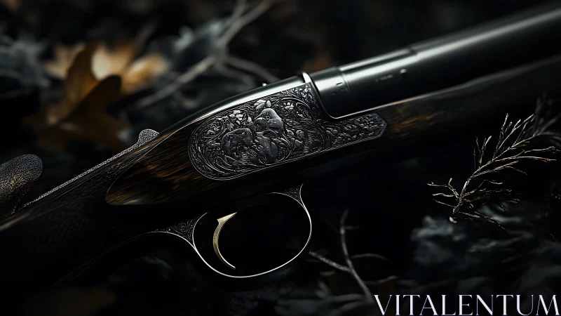 Midnight scrollwork shotgun resting in moody woodland hush.