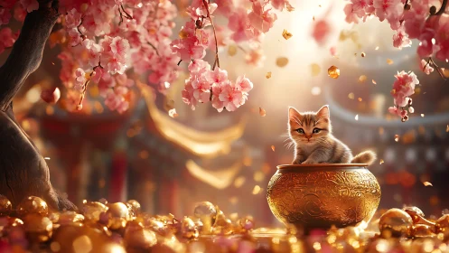 Orange kitten positioned in golden ornamental vessel amid flowering branches.