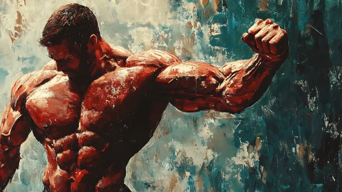 Muscular male torso flexing in bold textured oil paint.