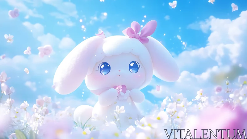 Cartoon rabbit character stands in stylized flower field