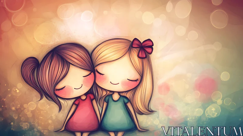 Cute cartoon girls hugging in dreamy pastel bokeh style illustration.