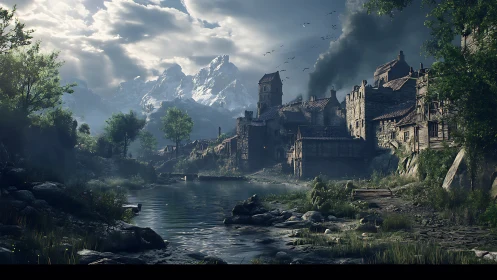 Medieval riverside stronghold smolders beneath stormy peaks