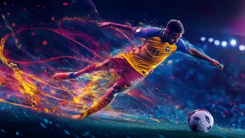 Dynamic soccer striker in neon motion-trail digital rendering