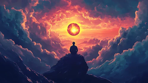 Silhouette observes central glowing orb amid dense clouds