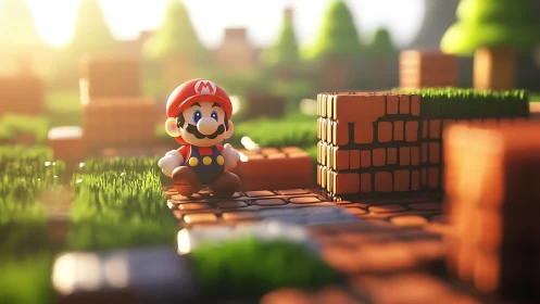 Mario figurine stands on grassy brick platform in sunlight
