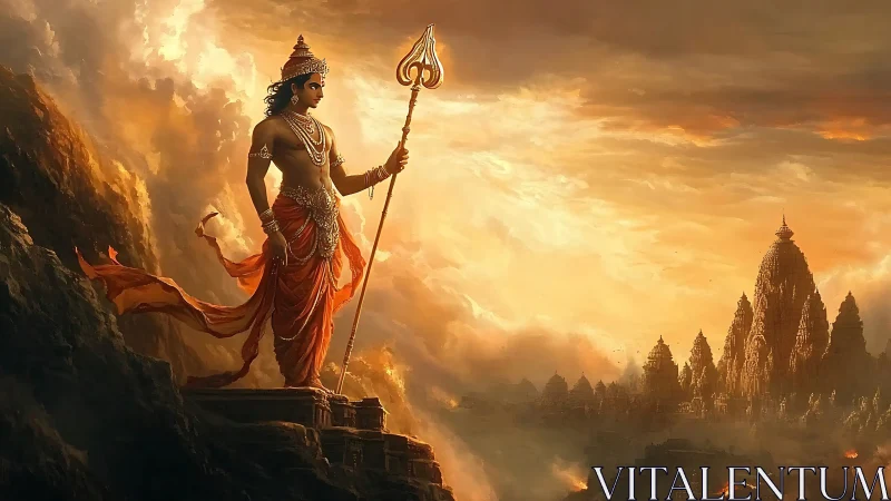 Mythic warrior overlooks temple city amid storm clouds.