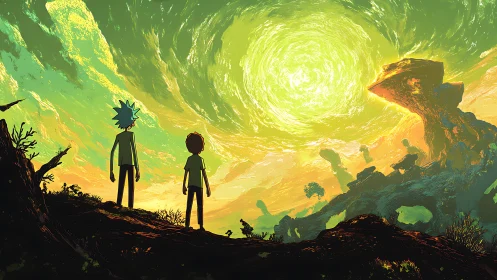 Two figures observe swirling portal in alien sunset sky