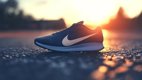 Low-angle profile of blue running shoe in golden backlight