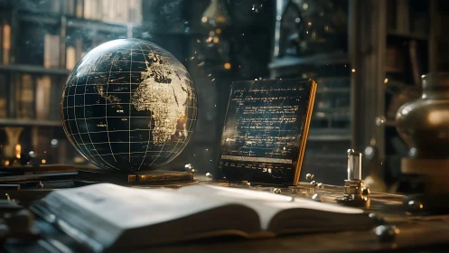 Illuminated globe and equations on desk in dim library setting.